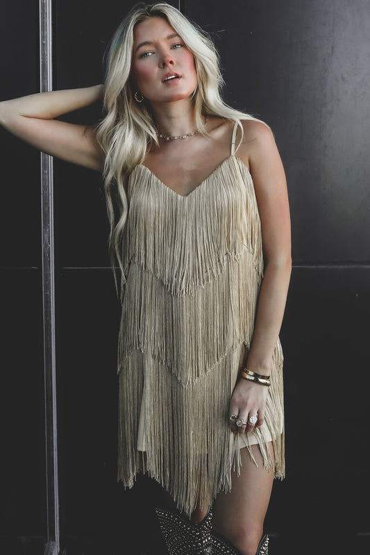 Spice Up The Dinner Gold Fringe Mini Dress