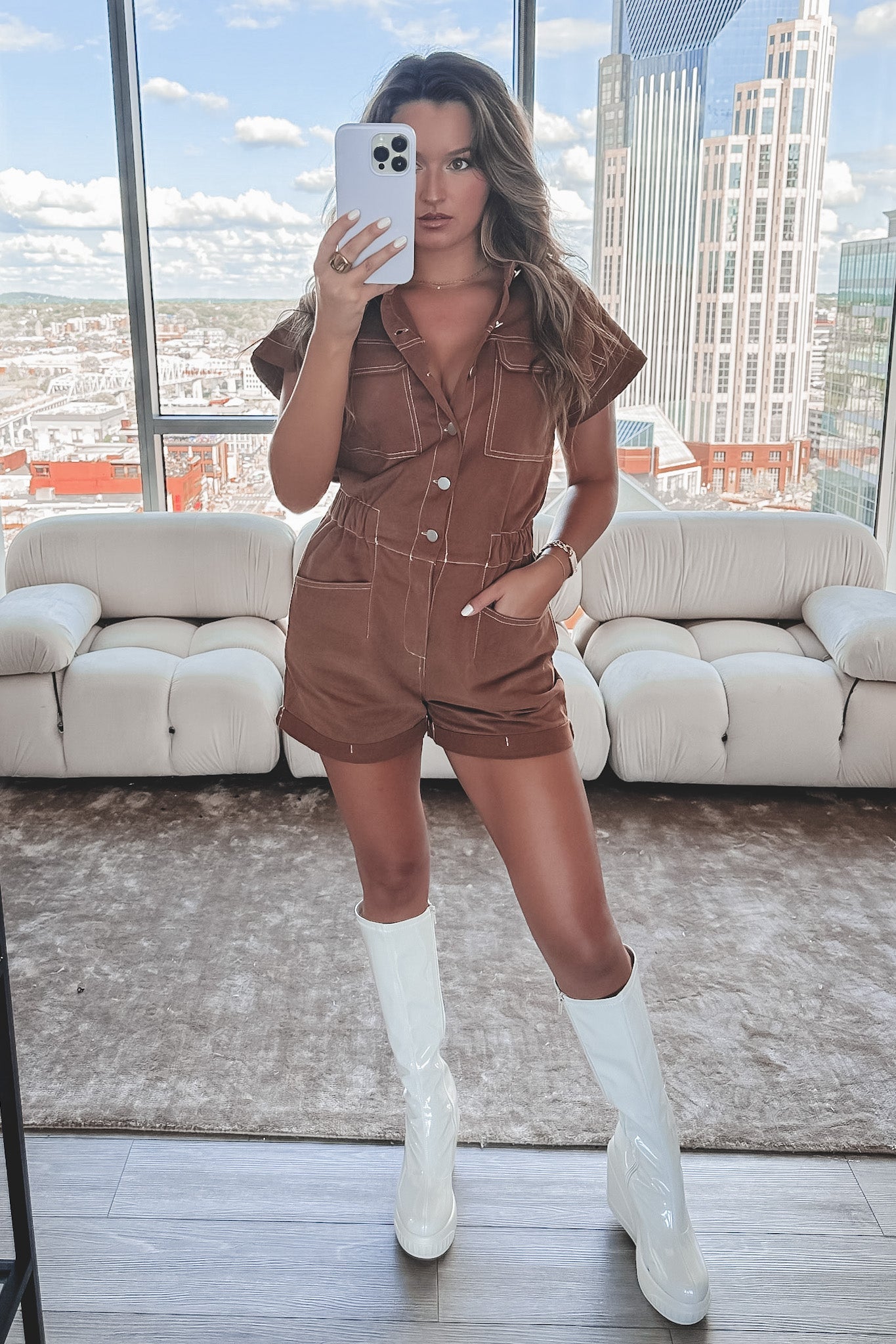 A Walk In The Park Brown Denim Romper